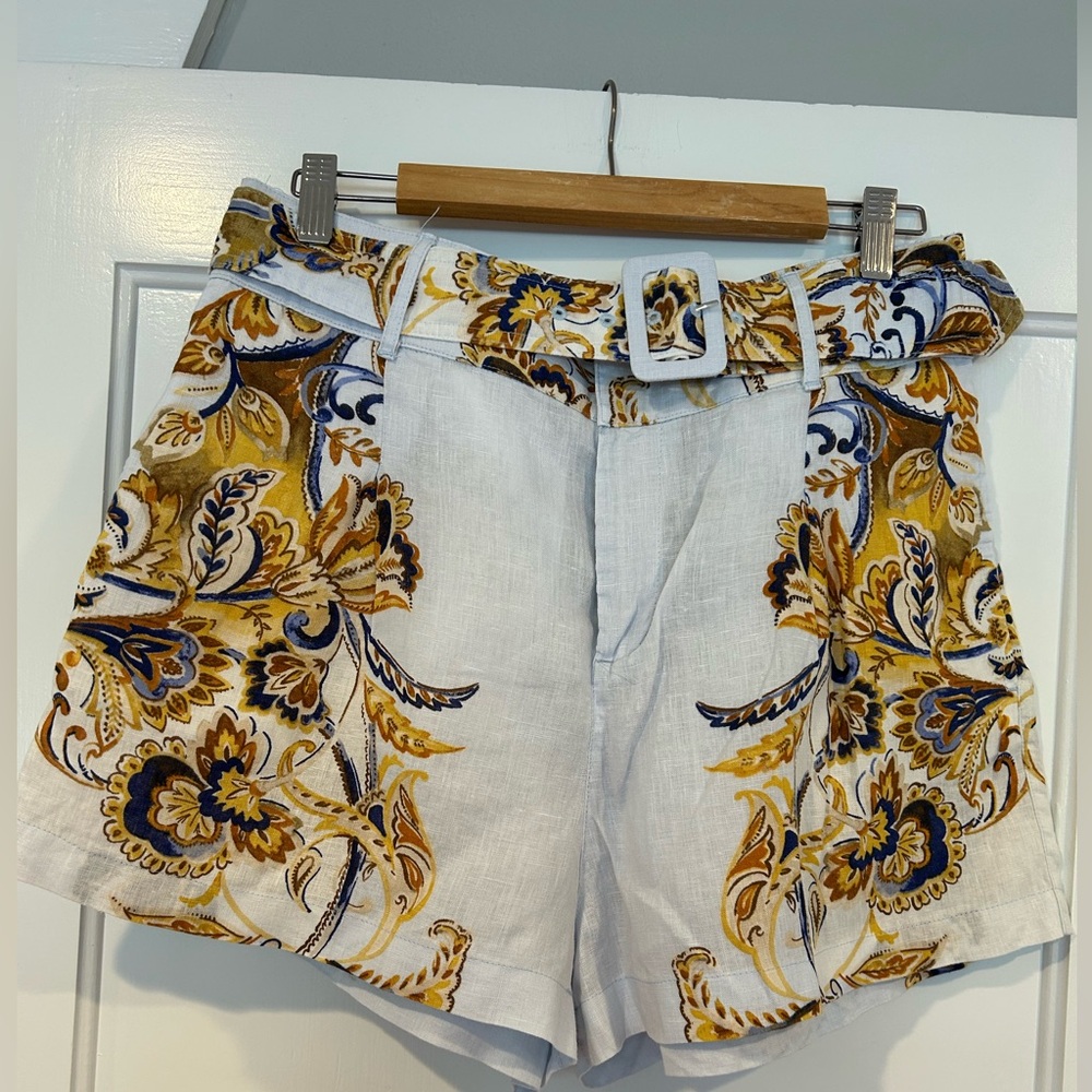 Joie Light Blue and Brown Floral Linen Shorts with Belt